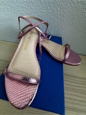 Stuart Weitzman Merinda Flat Metallic Snake Pink Sandals 7.5